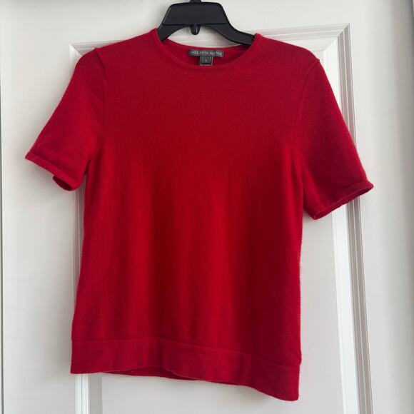 Saks Fifth Avenue 100% Cashmere Red Short Sleeve Sweater Top Sz L Holiday - Picture 1 of 9